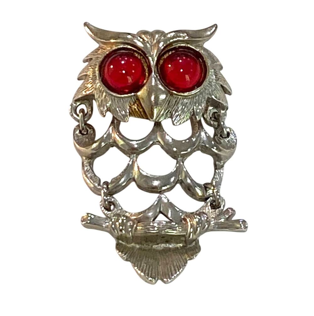 Unique vintage owl brooch silvertone reticulated pin red jelly eyes retro 1970's